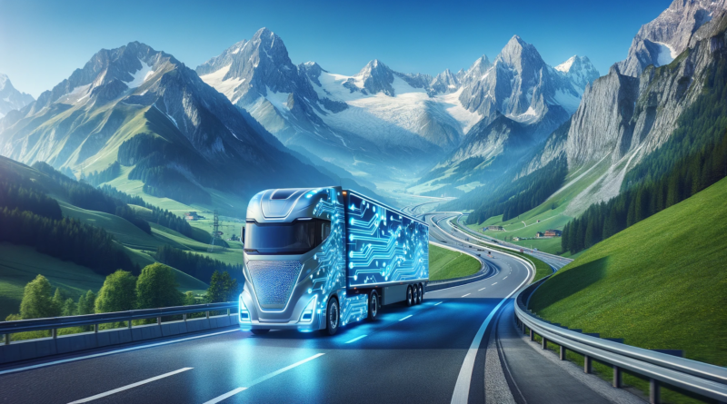 ChatGPT & DALL-E generated panoramic image of an electric European semi trailer covered in circuitry driving on a highway through the Alps