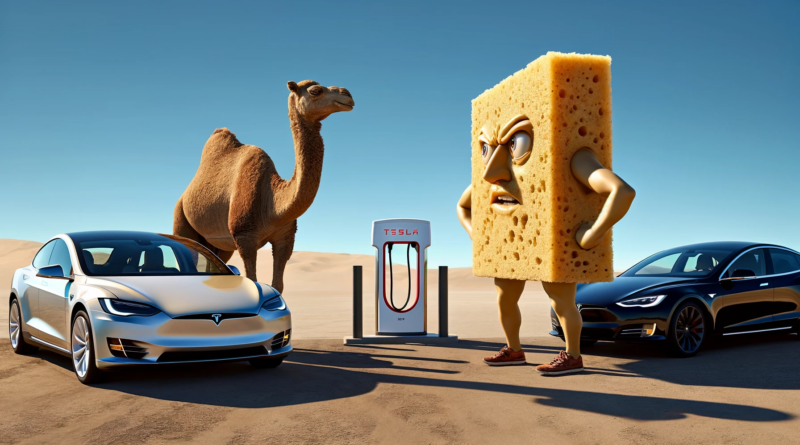 ChatGPT & DALL-E generated panoramic image of a Tesla Supercharger with a camel and a big anthropomorphized sponge glaring at one another