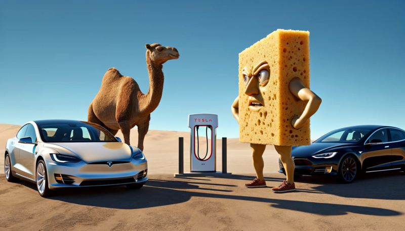 ChatGPT & DALL-E generated panoramic image of a Tesla Supercharger with a camel and a big anthropomorphized sponge glaring at one another
