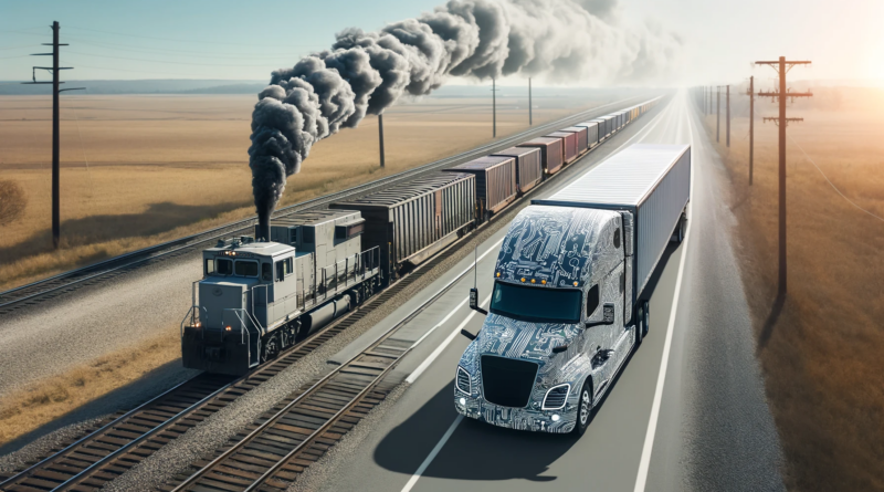 ChatGPT & DALL-E generated anoramic image of an electric semi truck covered in circuitry rolling along a highway beside a railroad where a long freight train is belching diesel smoke
