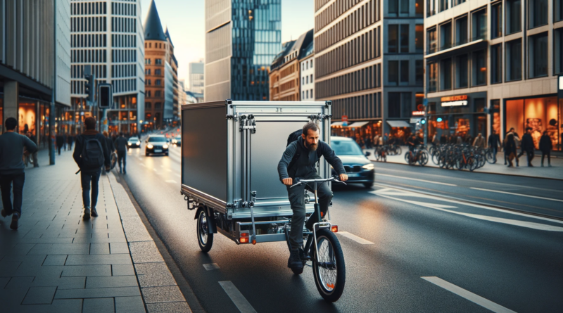 ChatGPT & DALL-E generated panoramic image of a cargo trike on an urban street with the rider in front and a big metal box on the back