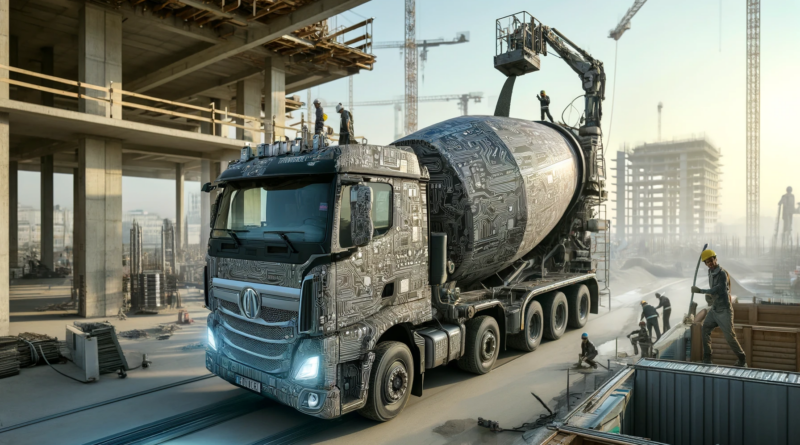 ChatGPT & DALL-E generated panoramic image of an electric cement truck covered in circuitry delivering cement to a construction site