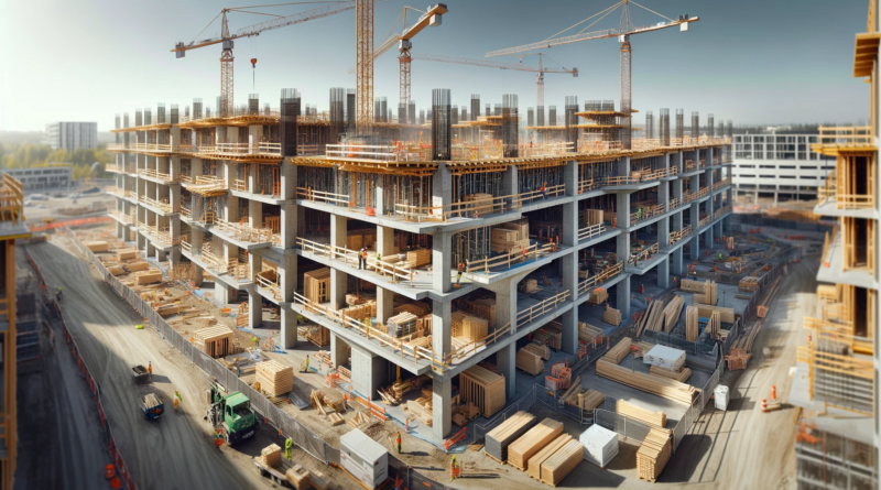 ChatGPT & DALL-E generated panoramic image of a hybrid concrete and mass timber building under construction