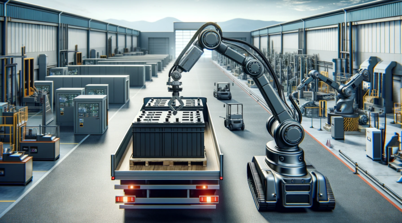 ChatGPT and DALL-E generated panoramic image of a robotic arm taking a battery off the back of a truck