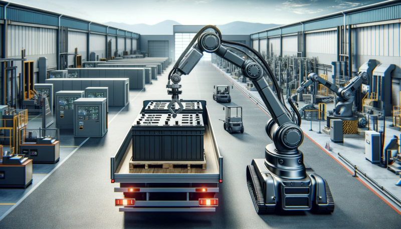 ChatGPT and DALL-E generated panoramic image of a robotic arm taking a battery off the back of a truck