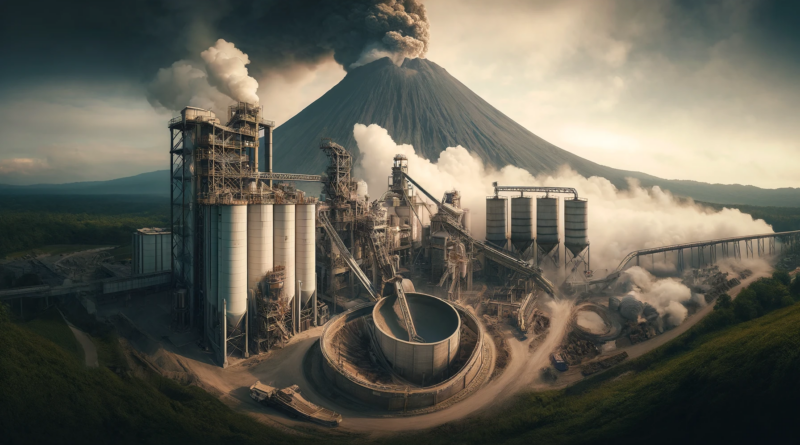 ChatGPT & DALL-E generated panoramic image of a cement mixing and bagging plant beside a smoking volcano