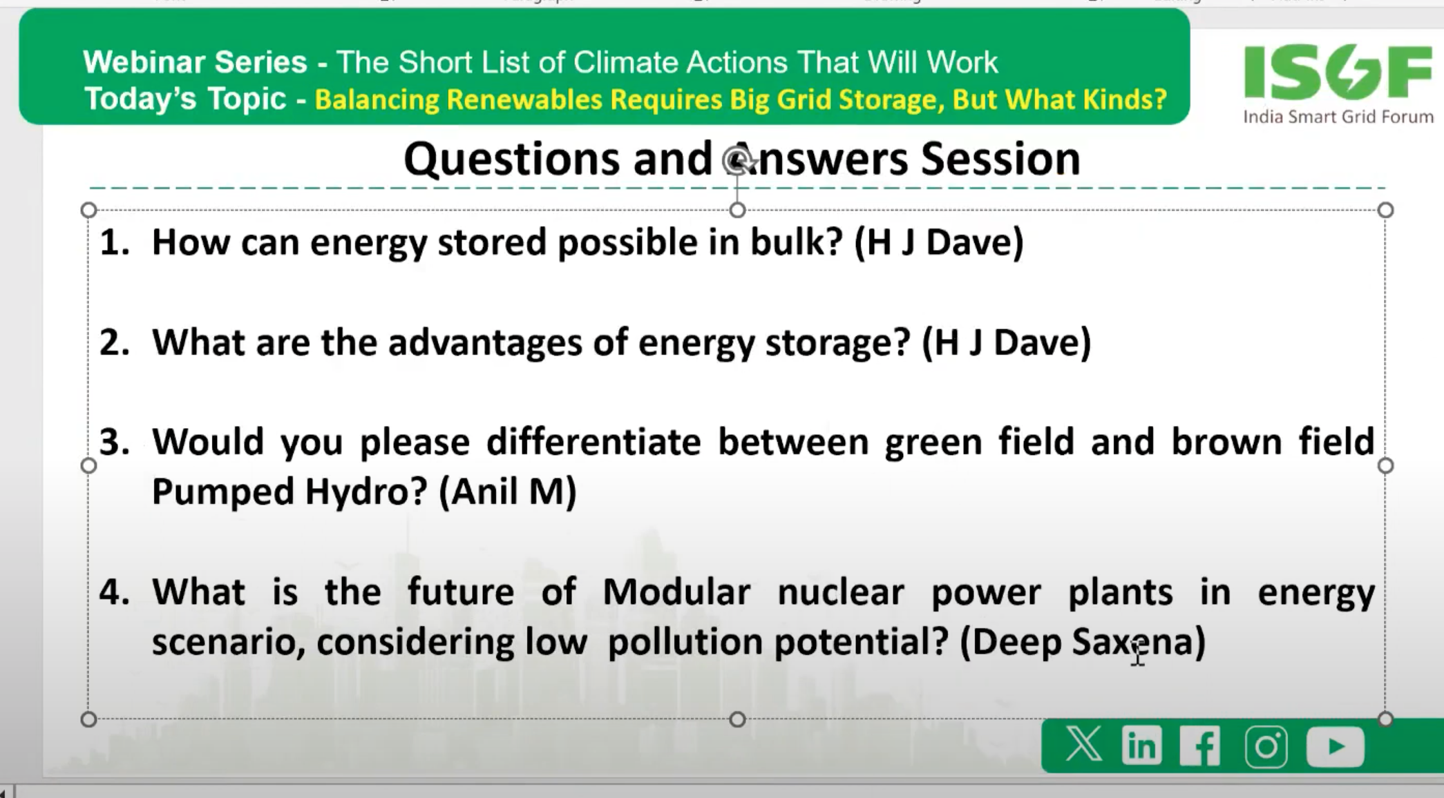 Questions from participants from Michael Barnard's seminar on grid storage through the Indian Smart Grid Forum