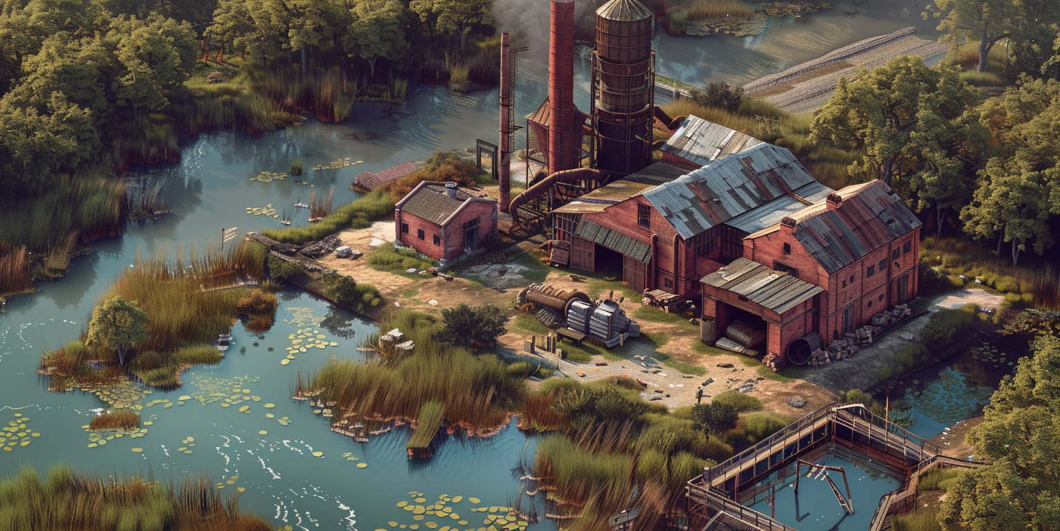 Midjourney created panoramic, bird's eye image of a brickwork in a swamp