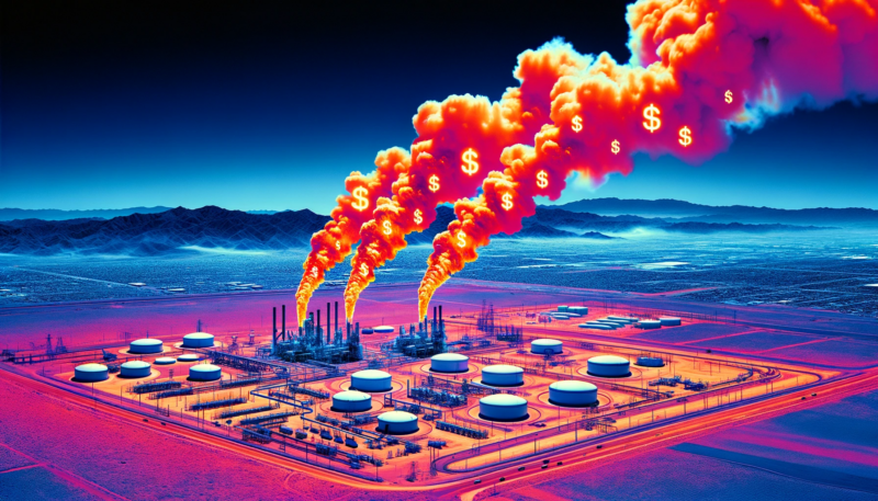 ChatGPT & DALL-E generated create a panoramic image of an infrared view of methane leaking from a natural gas processing facility, dollar signs in the plume