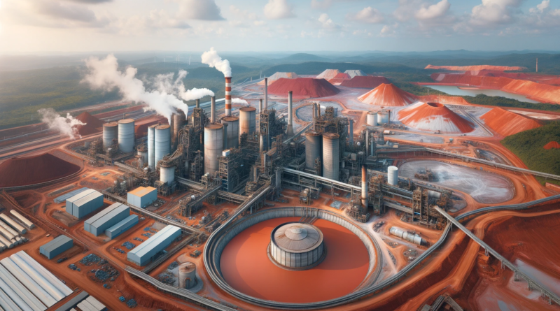 ChatGPT & DALL-E generated panoramic image of a bauxite refinery with a red mud pond and a cement plant beside it