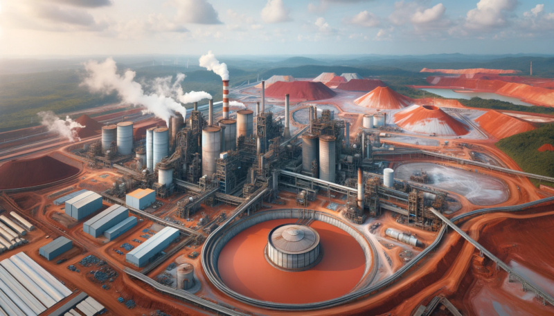 ChatGPT & DALL-E generated panoramic image of a bauxite refinery with a red mud pond and a cement plant beside it