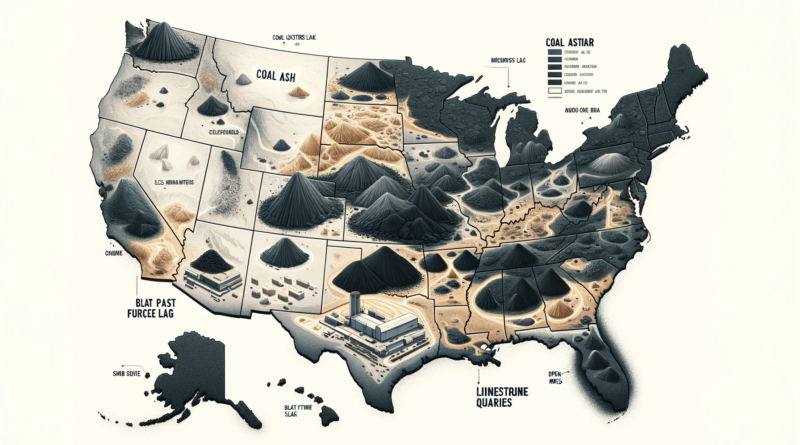 ChatGPT & DALL-E generated map of the USA with piles of ash and slag and big limestone quarries