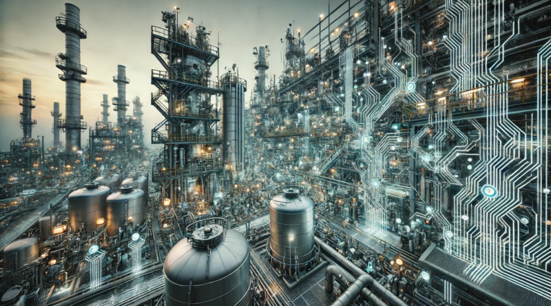 ChapGTP & DALL-E generated panoramic image of a chemical processing plant covered in circuitry and pulsing with electricity