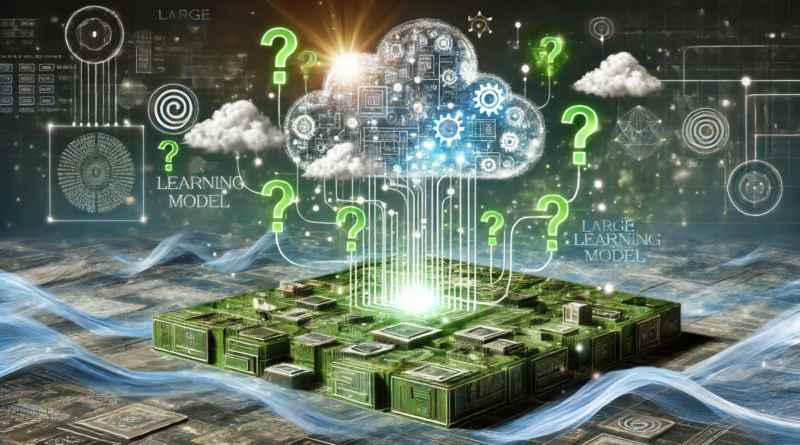 ChatGPT & DALL-E generated landscape-orientation abstract image of a large learning model spitting out a cloud of green answers