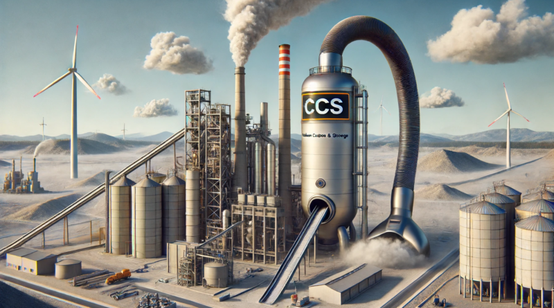 ChatGPT & DALL-E generated panoramic image of a cement plant with a large vacuum cleaner labeled "CCS" hovering over it