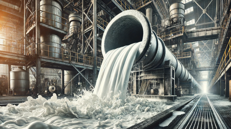 ChatGPT & DALL-E generated panoramic image of a heavy, white fluid glugging out of a pipe