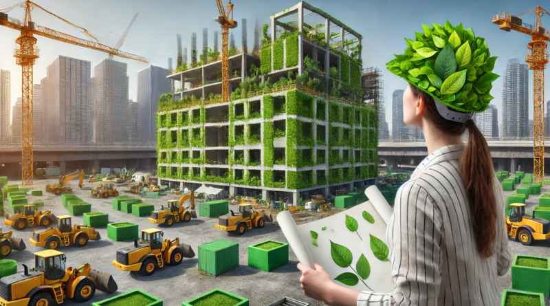 ChatGPT & DALL-E generated panoramic image of a building being constructed with construction blocks made of greenery with a woman in a hardhat holding a leafy blueprint looking at it