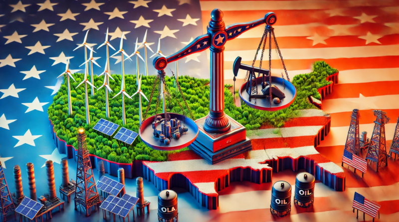 ChatGPT & DALL-E generated panoramic image of the United States Presidential election as a scale with wind turbines and solar panels on one side and oil and gas on the other