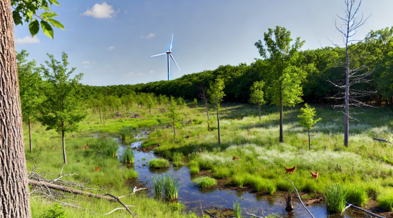 ChatGPT & DALL-E generated panoramic image of US federal lands restored to nature with a sprinkling of wind turbines