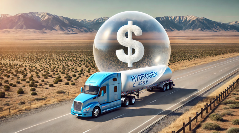 ChatGPT & DALL-E generated panoramic image of a hydrogen Class 8 truck with a massive, deflating bubble labeled with dollar signs above it