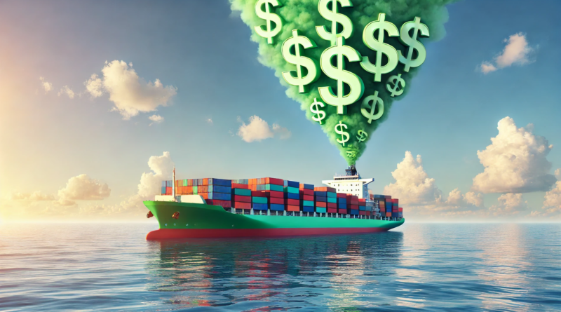 ChatGPT & DALL-E generated panoramic image of a container ship with dollar signs coming out of its funnel