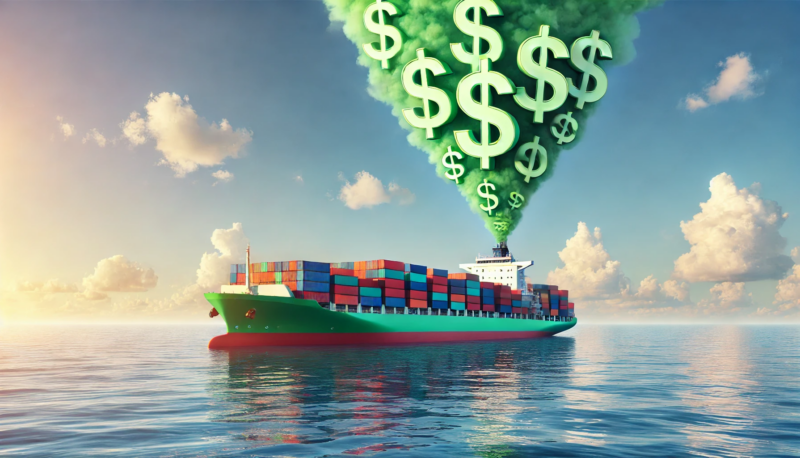 ChatGPT & DALL-E generated panoramic image of a container ship with dollar signs coming out of its funnel