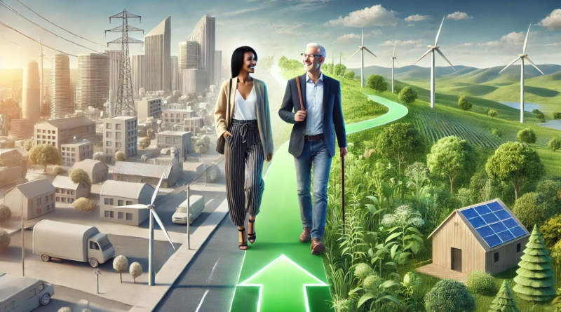 ChatGPT & DALL-E generated image of a Black woman and friendly man walking into a green future