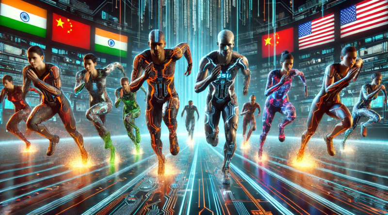 ChatGPT & DALL-E generated panoramic image of a foot race between India, China, USA and Europe with the competitors' clothes covered in circuitry and sparks flying off of them