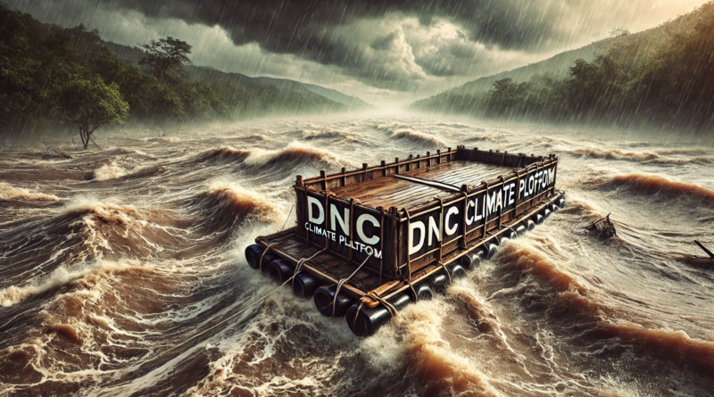 ChatGPT & DALL-E generated panoramic image a raft labeled "DNC Climate Platform" being lifted by a flood