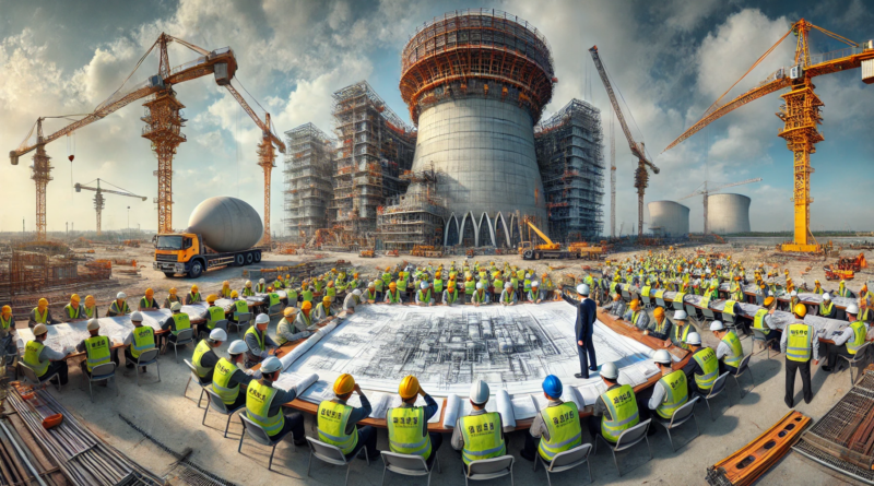 ChatGPT & DALL-E generated panoramic image of a nuclear reactor under construction in China, with Chinese engineers with hard hats and high-viz vests puzzling over a blueprint