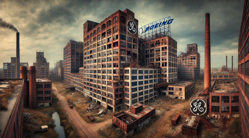 ChatGPT & DALL-E generated panoramic image of dilipidated rust belt buildings with GE and Boeing logos on them