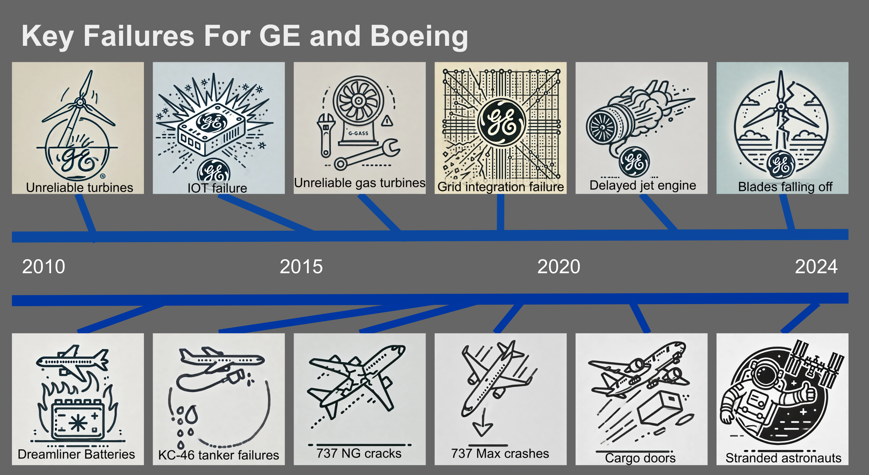 Key unforced engineering and quality failures for GE and Boeing graphic by Michael Barnard, Chief Strategist, TFIE Strategy Inc