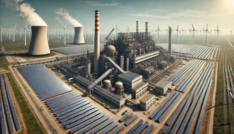 ChatGPT generated panoramic image of a decomissioned Chinese coal plant facility covered in solar panels and wind turbines