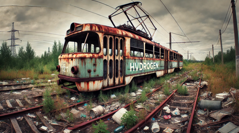 ChatGPT generated panoramic image of a hydrogen tram, off the tracks, sitting rusting in a field with some garbage and weeds