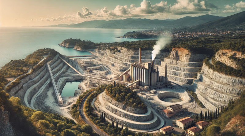 ChatGPT generated panoramic image of a limestone quarry with a biomass-burning kiln beside the ocean in Italy