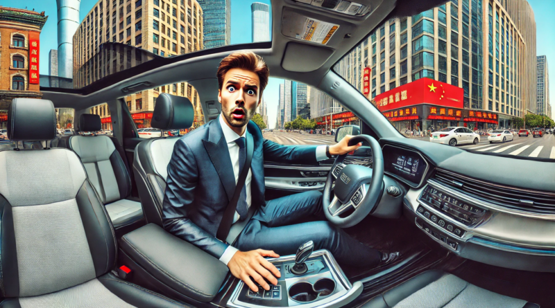 ChatGPT generated panoramic image of a white male executive sitting in a Chinese SUV in Beijing with a shocked look on his face