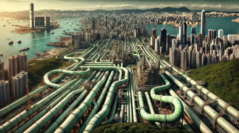 ChatGPT generated panoramic image of Hong Kong strangled by gas and hydrogen pipelines with thin green paint dripping off of them