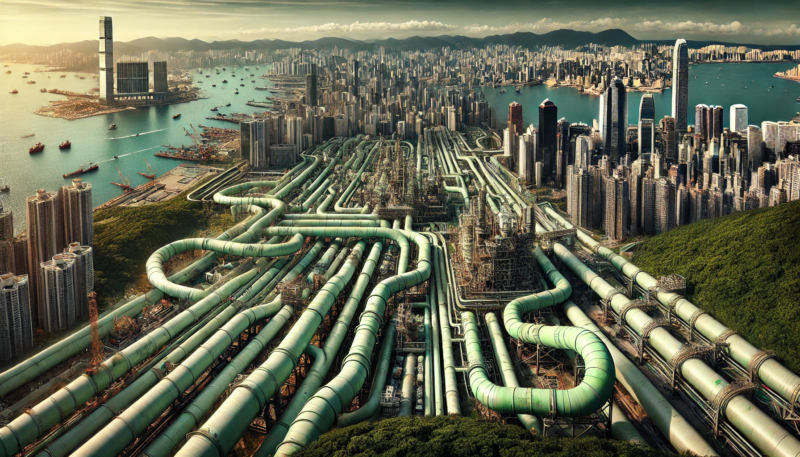 ChatGPT generated panoramic image of Hong Kong strangled by gas and hydrogen pipelines with thin green paint dripping off of them