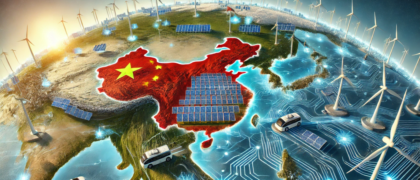 ChatGPT generated panoramic image of China on the globe, with wind turbines, solar panels and electric vehicles covered in circuitry