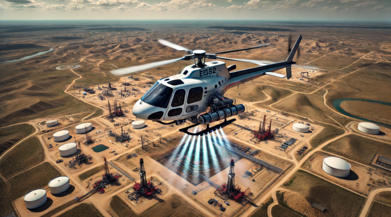 ChatGPT generated panoramic image of a helicopter with a methane detecting flir camera flying over the Permian Basin and detecting methane leaks