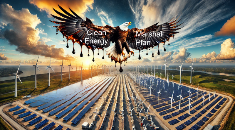 ChatGPT generated panoramic image of an oil soaked eagle soaring over a hybrid solar and wind farm