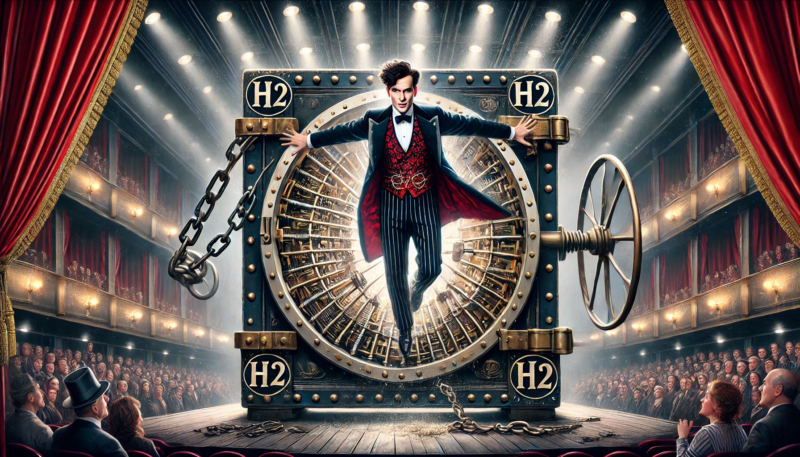 ChatGPT generated panoramic image of Harry Houdini with the letters "H2" on his chest escaping a locked safe