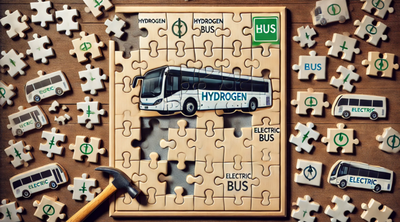 ChatGPT generated image of a jigsaw puzzle with hydrogen bus pieces hammered into spots where electric bus pieces fit