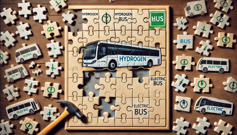 ChatGPT generated image of a jigsaw puzzle with hydrogen bus pieces hammered into spots where electric bus pieces fit