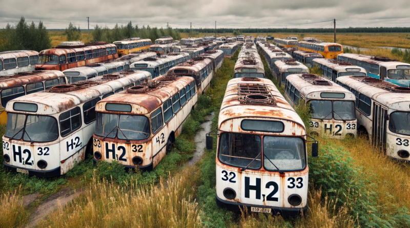 ChatGPT generated panoramic image of a fleet of hydrogen buses abandoned in a field, rusting and covered in bird dung