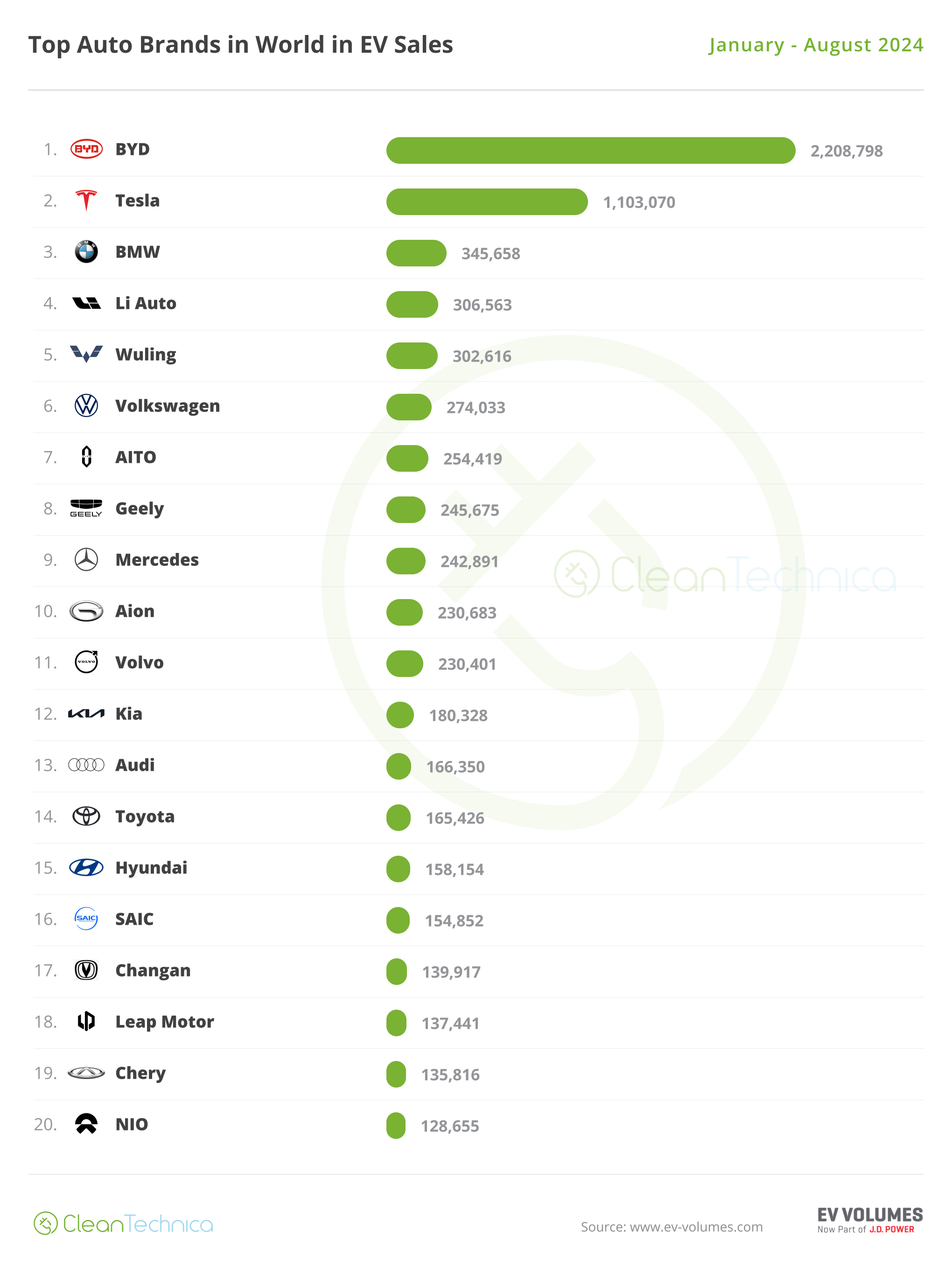 World Top 20 YTD EV Brands January August 2024