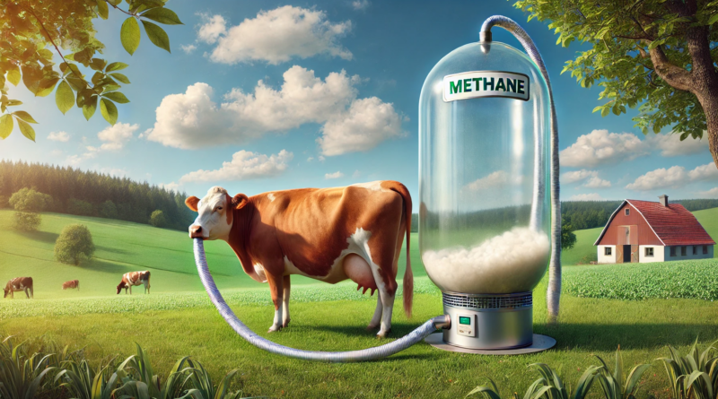 ChatGPT generated panoramic image of a cow burping into a vacuum labeled methane