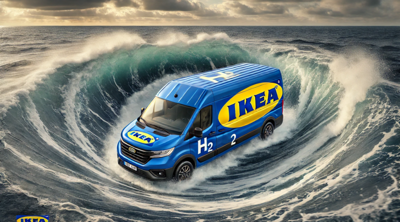 ChatGPT generated panoramic image of an Ikea branded step van labeled "H2" in whirlpool in the ocean