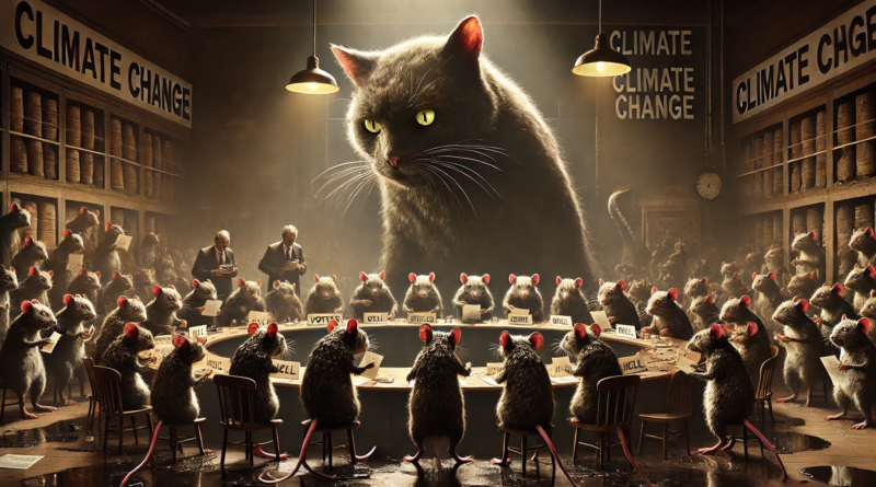 ChatGPT generated panoramic image of a committee of quavering, oil-soaked mice, voting to bell a huge cat labeled "Climate Change"