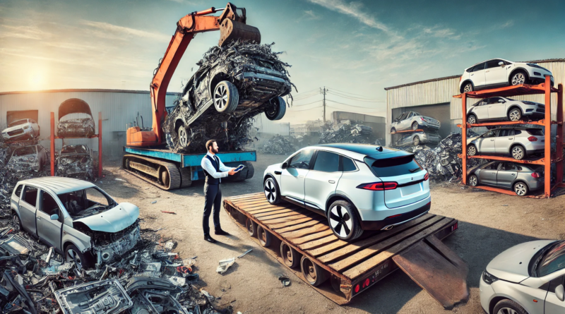 ChatGPT generated panoramic image of a gasoline powered SUV being crushed in a junk yard as the owner is handed the keys to a shining new electric car